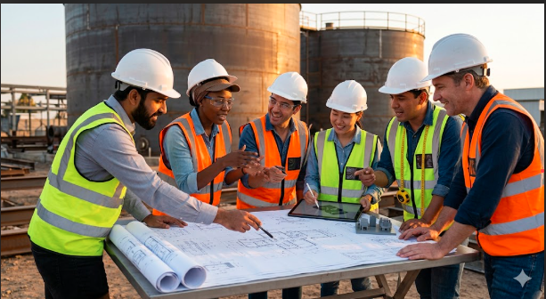 On Point Mining Solutions team reviewing site plans on a process plant