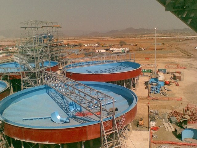 Thickener tanks and steelwork at a mine site